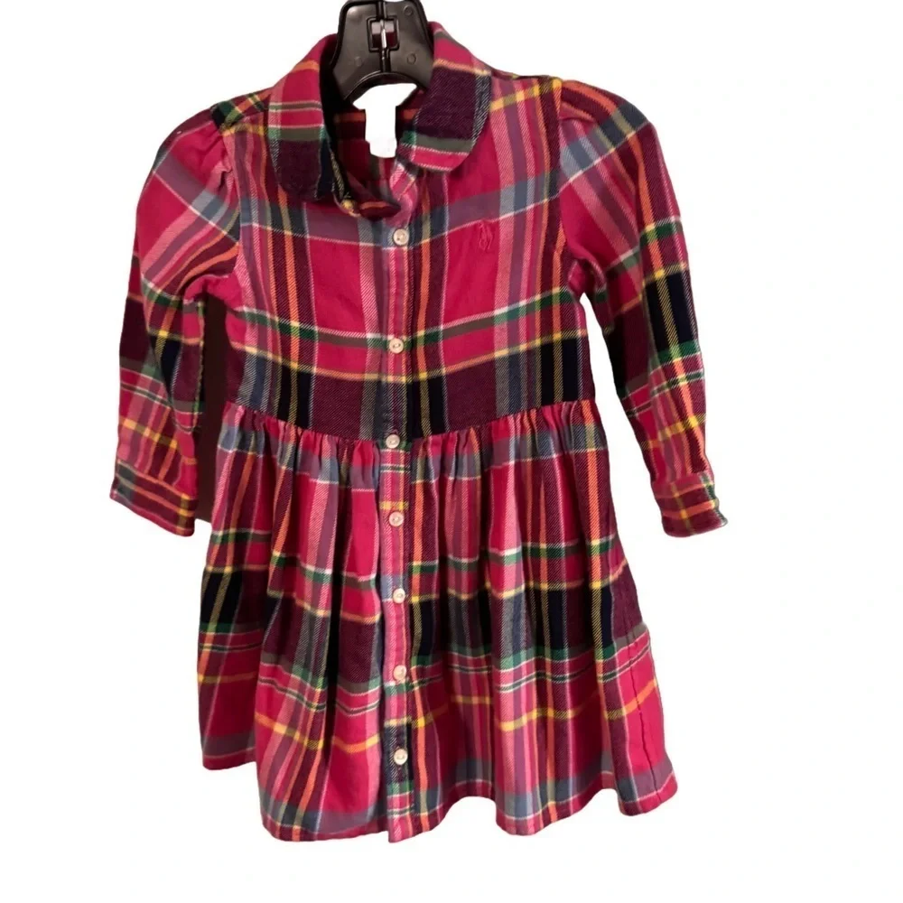 Polo Ralph Lauren Girls Cotton Twill Multicolor Flannel Shirt Dress Size 12 Mo